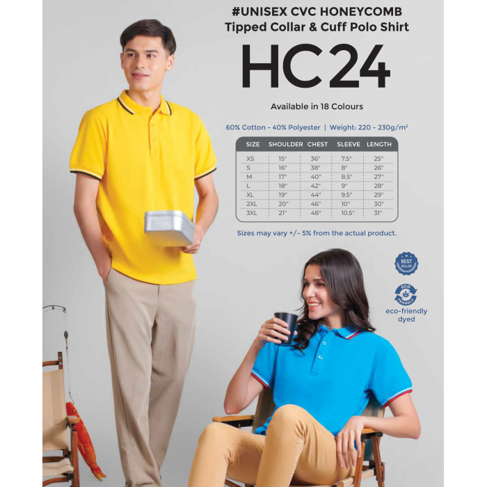 HC24 CVC HONEYCOMB TIPPED COLLAR & CUFF POLO SHIRT